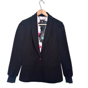 Ted Baker Black Single Button Ribbed Elastic Cuffs Tailored Blazer Size 1 US 4